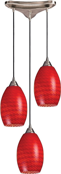 Mulinello 3 Light Pendant In Satin Nickel and Scarlet Red Glass