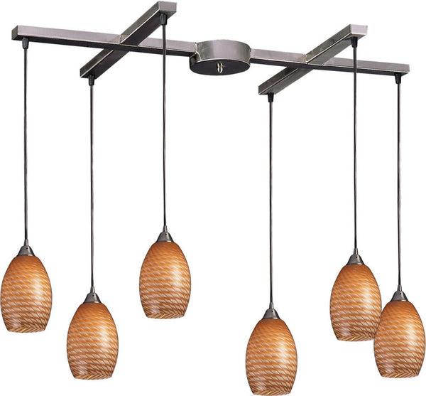 Mulinello 6 Light Pendant In Satin Nickel and Cocoa Glass