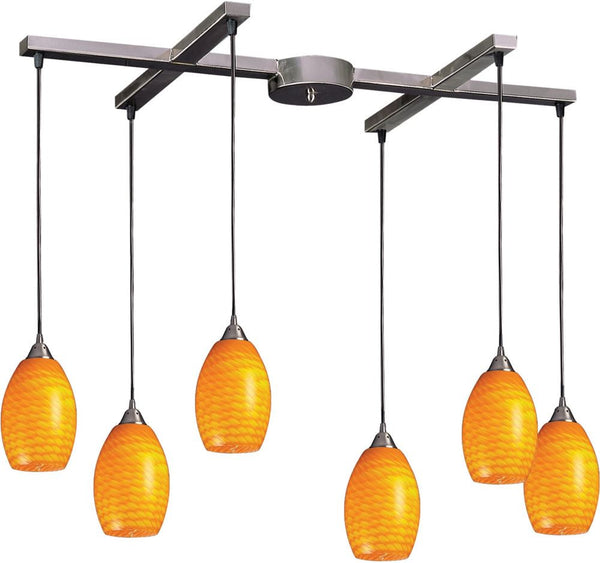 Mulinello 6 Light Pendant In Satin Nickel and Canary Glass