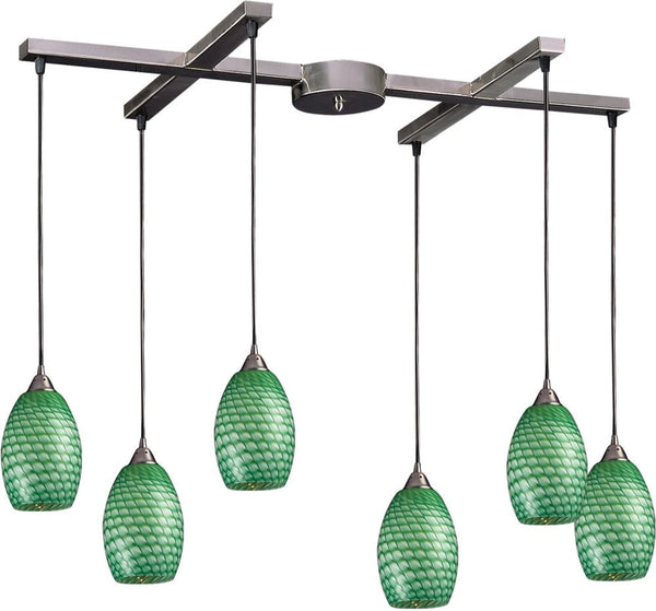 Mulinello 6 Light Pendant In Satin Nickel and Jade Glass