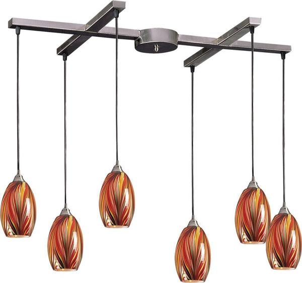 Mulinello 6 Light Pendant In Satin Nickel and Multicolor Glass