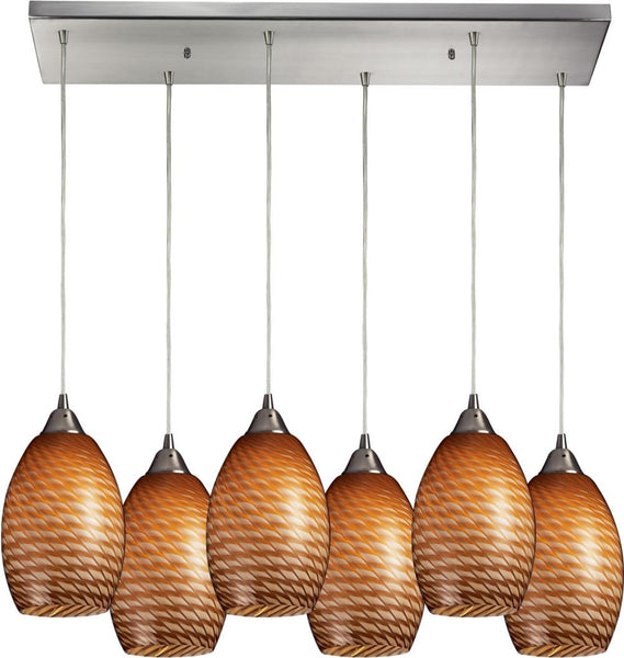 Mulinello 6 Light Pendant In Satin Nickel and Cocoa Glass