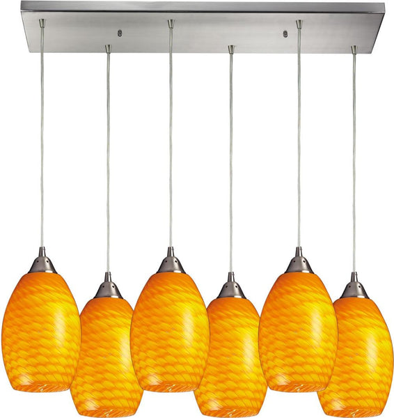 Mulinello 6 Light Pendant In Satin Nickel and Canary Glass