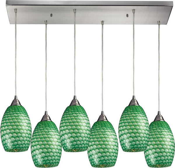 Mulinello 6 Light Pendant In Satin Nickel and Jade Glass