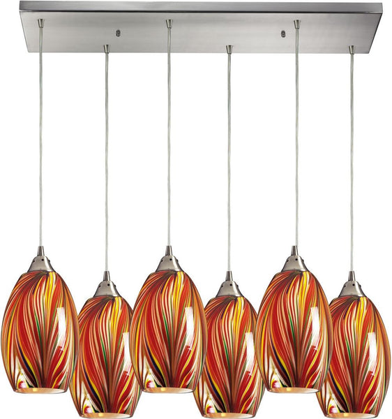 Mulinello 6 Light Pendant In Satin Nickel and Multicolor Glass