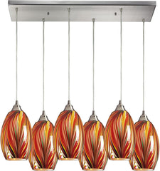Mulinello 6 Light Pendant In Satin Nickel and Multicolor Glass