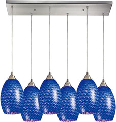 Mulinello 6 Light Pendant In Satin Nickel and Sapphire Glass