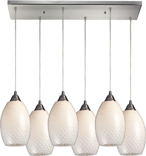 Mulinello 6 Light Pendant In Satin Nickel and White Swirl Glass