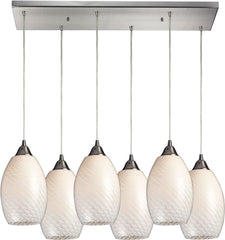 Mulinello 6 Light Pendant In Satin Nickel and White Swirl Glass