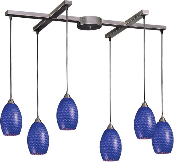 Mulinello 6 Light Pendant In Satin Nickel and Sapphire Glass
