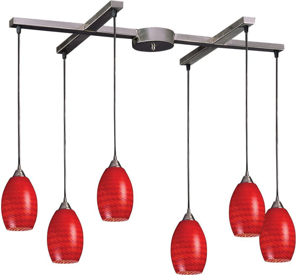 Mulinello 6 Light Pendant In Satin Nickel and Scarlet Red Glass