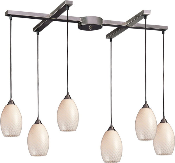 Mulinello 6 Light Pendant In Satin Nickel and White Swirl Glass