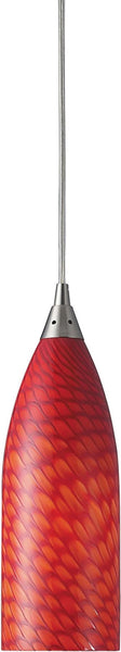 Cilindro 1 Light Led Pendant In Satin Nickel and Scarlet Glass