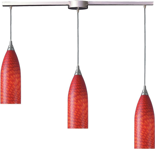Cilindro 3 Light Pendant In Satin Nickel and Scarlet Red Glass