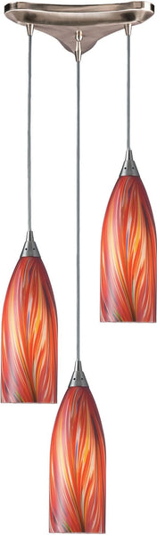 Cilindro 3 Light Pendant In Satin Nickel and Multi Glass