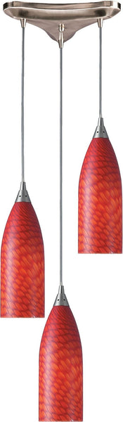 Cilindro 3 Light Pendant In Satin Nickel and Scarlet Red Glass