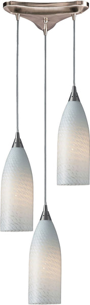 Cilindro 3 Light Pendant In Satin Nickel and White Swirl Glass
