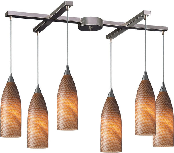 Cilindro 6 Light Pendant In Satin Nickel and Cocoa Glass