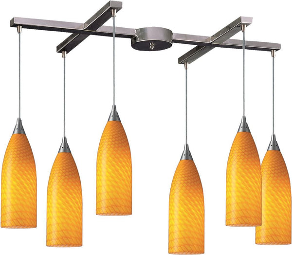 Cilindro 6 Light Pendant In Satin Nickel and Canary Glass