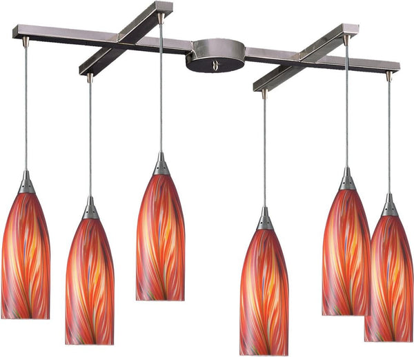 Cilindro 6 Light Pendant In Satin Nickel and Multi Glass