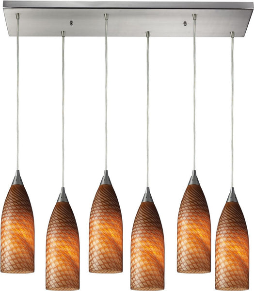 Cilindro 6 Light Pendant In Satin Nickel and Cocoa Glass