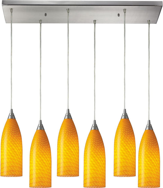 Cilindro 6 Light Pendant In Satin Nickel and Canary Glass