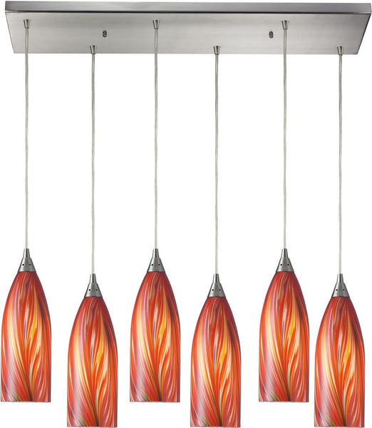 Cilindro 6 Light Pendant In Satin Nickel and Multi Glass