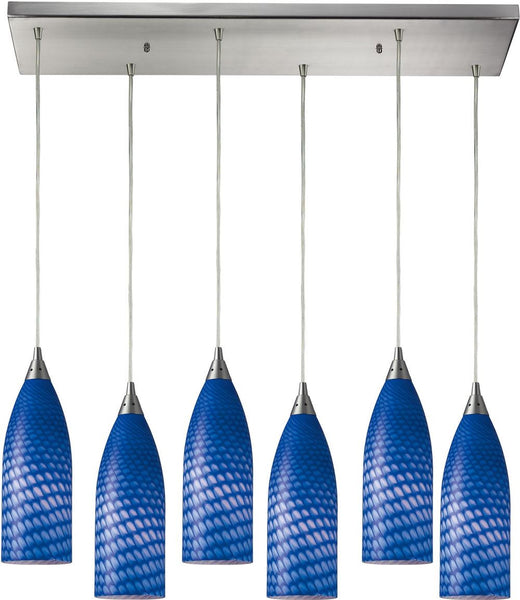 Cilindro 6 Light Pendant In Satin Nickel and Sapphire Glass