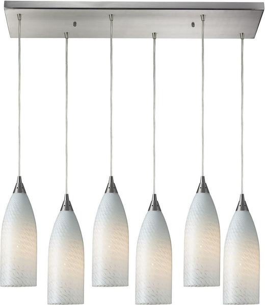 Cilindro 6 Light Pendant In Satin Nickel and White Swirl Glass