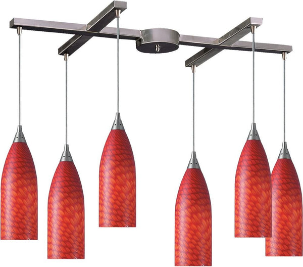 Cilindro 6 Light Pendant In Satin Nickel and Scarlet Red Glass