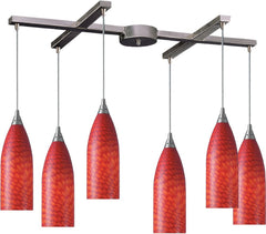 Cilindro 6 Light Pendant In Satin Nickel and Scarlet Red Glass