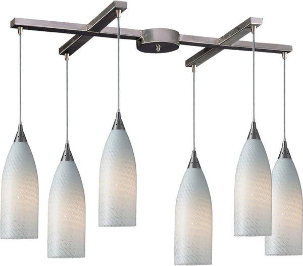 Cilindro 6 Light Pendant In Satin Nickel and White Swirl Glass