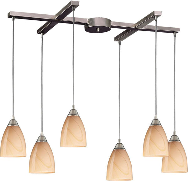 Pierra 6 Light Pendant In Satin Nickel and Sandy Glass
