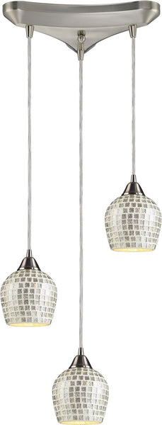 Fusion 3 Light Pendant In Satin Nickel and Silver Glass
