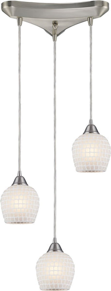 Fusion 3 Light Pendant In Satin Nickel and White Glass