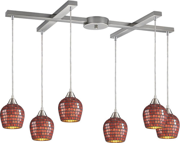 Fusion 6 Light Pendant In Satin Nickel and Copper Glass