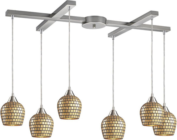 Fusion 6 Light Pendant In Satin Nickel and Gold Leaf Glass