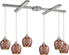 Fusion 6 Light Pendant In Satin Nickel and Multi Glass