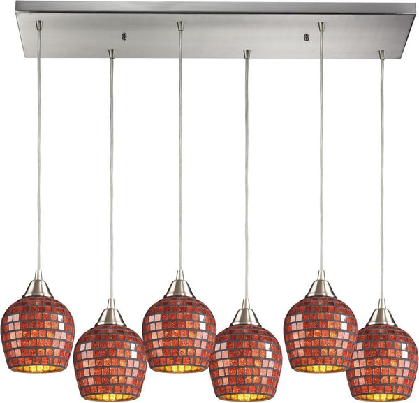 Fusion 6 Light Pendant In Satin Nickel and Copper Glass