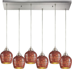 Fusion 6 Light Pendant In Satin Nickel and Copper Glass