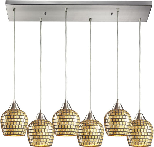 Fusion 6 Light Pendant In Satin Nickel and Gold Leaf Glass