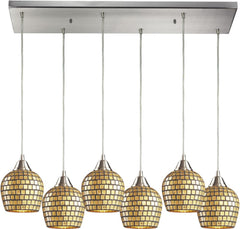 Fusion 6 Light Pendant In Satin Nickel and Gold Leaf Glass