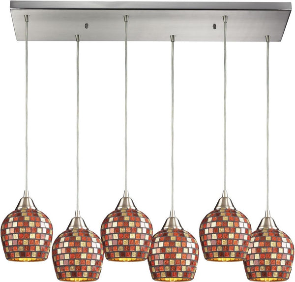 Fusion 6 Light Pendant In Satin Nickel and Multi Glass
