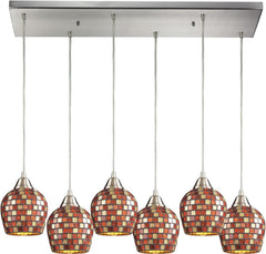 Fusion 6 Light Pendant In Satin Nickel and Multi Glass