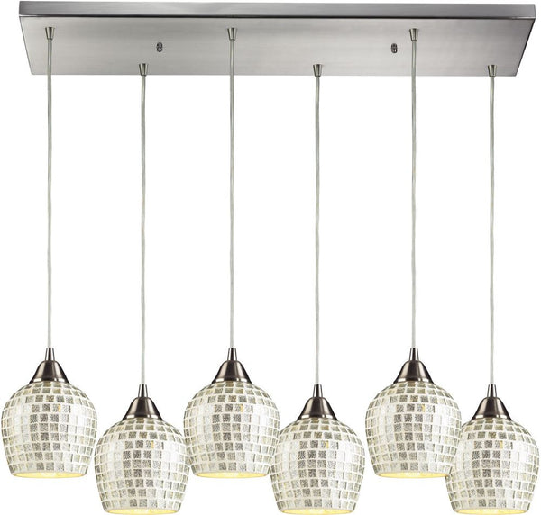 Fusion 6 Light Pendant In Satin Nickel and Silver Glass