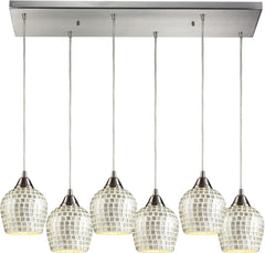 Fusion 6 Light Pendant In Satin Nickel and Silver Glass