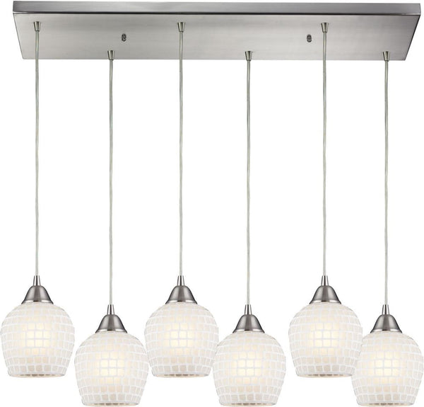 Fusion 6 Light Pendant In Satin Nickel and White Glass