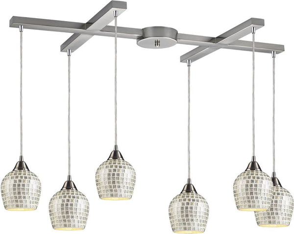 Fusion 6 Light Pendant In Satin Nickel and Silver Glass