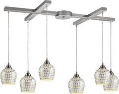 Fusion 6 Light Pendant In Satin Nickel and Silver Glass