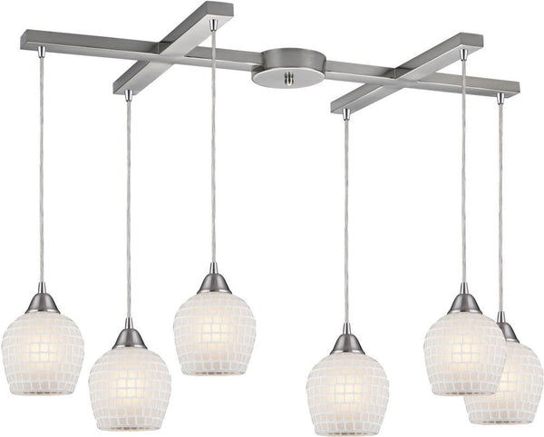 Fusion 6 Light Pendant In Satin Nickel and White Glass